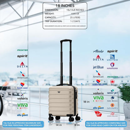 Carry On Suitcase 18x14x8" Hardside Built In TSA Lock & USB Port Lightweight Luggage Silent Double Spinner Wheels Maximum Underseat Carry-On Bag For American & United Approved Airlines