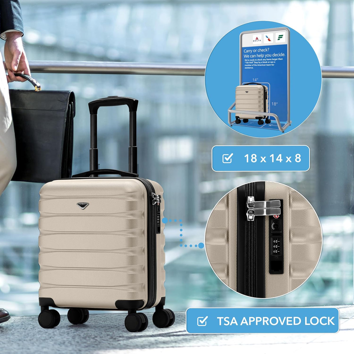 Carry On Suitcase 18x14x8" Hardside Built In TSA Lock & USB Port Lightweight Luggage Silent Double Spinner Wheels Maximum Underseat Carry-On Bag For American & United Approved Airlines