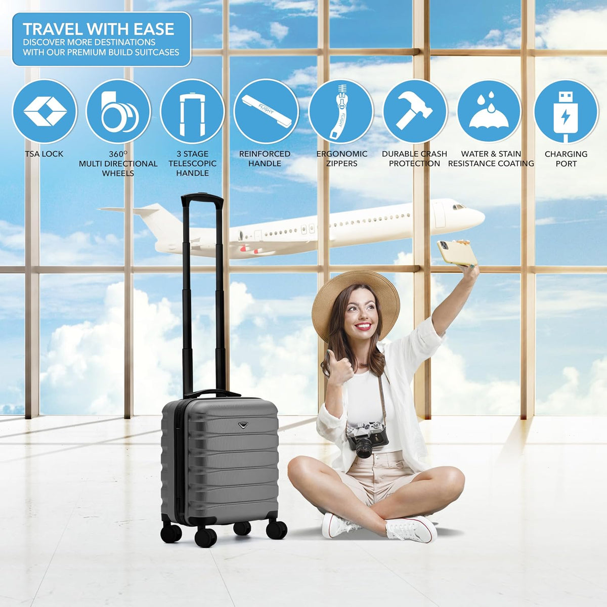 Carry On Suitcase 18x14x8" Hardside Built In TSA Lock & USB Port Lightweight Luggage Silent Double Spinner Wheels Maximum Underseat Carry-On Bag For American & United Approved Airlines