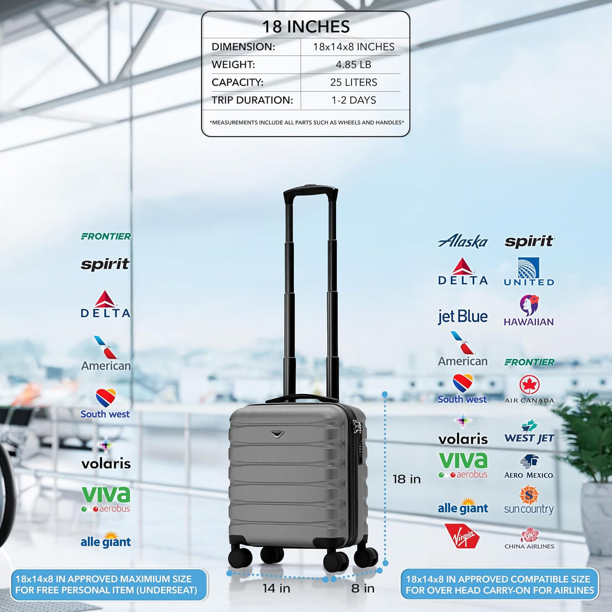 Carry On Suitcase 18x14x8" Hardside Built In TSA Lock & USB Port Lightweight Luggage Silent Double Spinner Wheels Maximum Underseat Carry-On Bag For American & United Approved Airlines