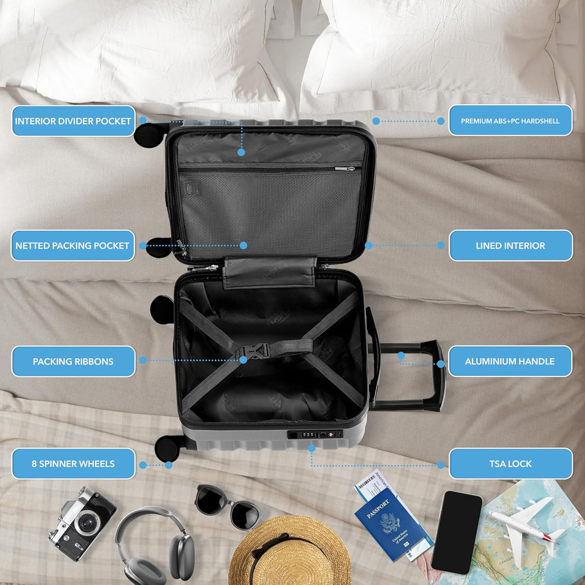 Carry On Suitcase 18x14x8" Hardside Built In TSA Lock & USB Port Lightweight Luggage Silent Double Spinner Wheels Maximum Underseat Carry-On Bag For American & United Approved Airlines