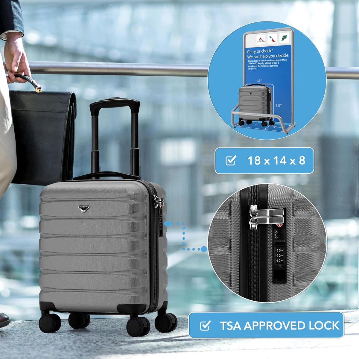 Carry On Suitcase 18x14x8" Hardside Built In TSA Lock & USB Port Lightweight Luggage Silent Double Spinner Wheels Maximum Underseat Carry-On Bag For American & United Approved Airlines
