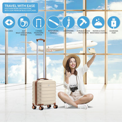 Carry On Suitcase 18x14x8" Hardside Built In TSA Lock & USB Port Lightweight Luggage Silent Double Spinner Wheels Maximum Underseat Carry-On Bag For American & United Approved Airlines