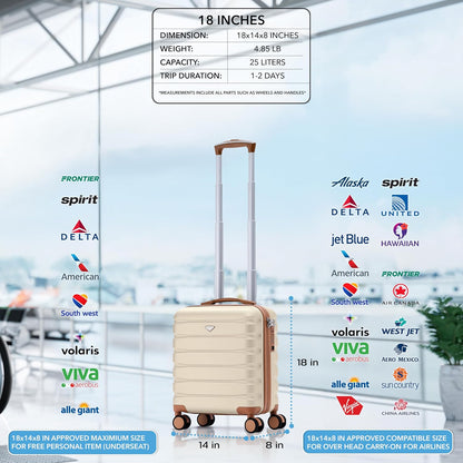 Carry On Suitcase 18x14x8" Hardside Built In TSA Lock & USB Port Lightweight Luggage Silent Double Spinner Wheels Maximum Underseat Carry-On Bag For American & United Approved Airlines