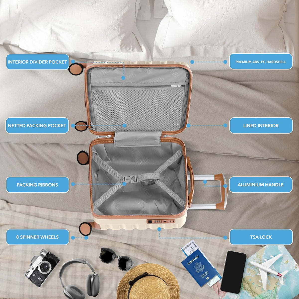 Carry On Suitcase 18x14x8" Hardside Built In TSA Lock & USB Port Lightweight Luggage Silent Double Spinner Wheels Maximum Underseat Carry-On Bag For American & United Approved Airlines
