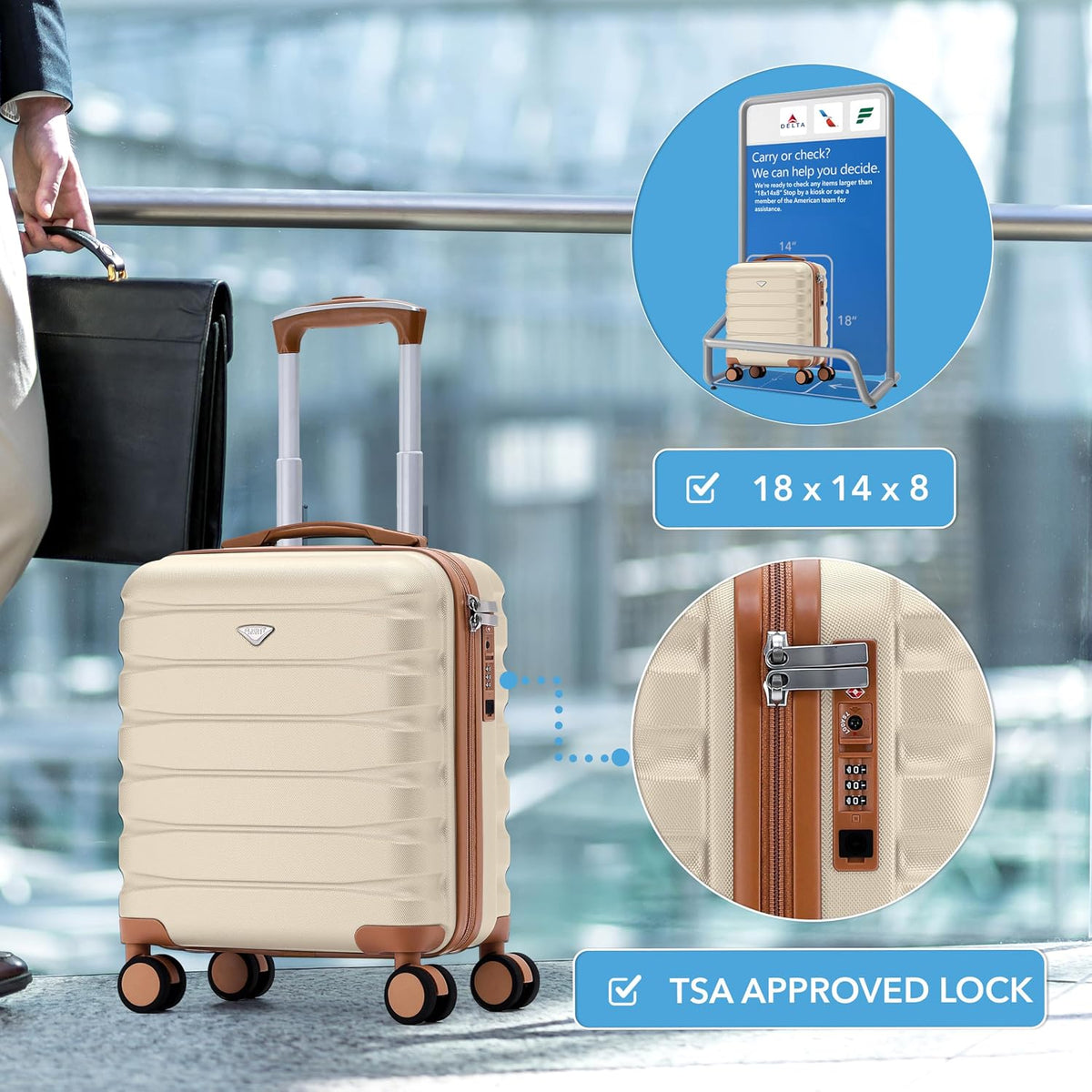 Carry On Suitcase 18x14x8" Hardside Built In TSA Lock & USB Port Lightweight Luggage Silent Double Spinner Wheels Maximum Underseat Carry-On Bag For American & United Approved Airlines