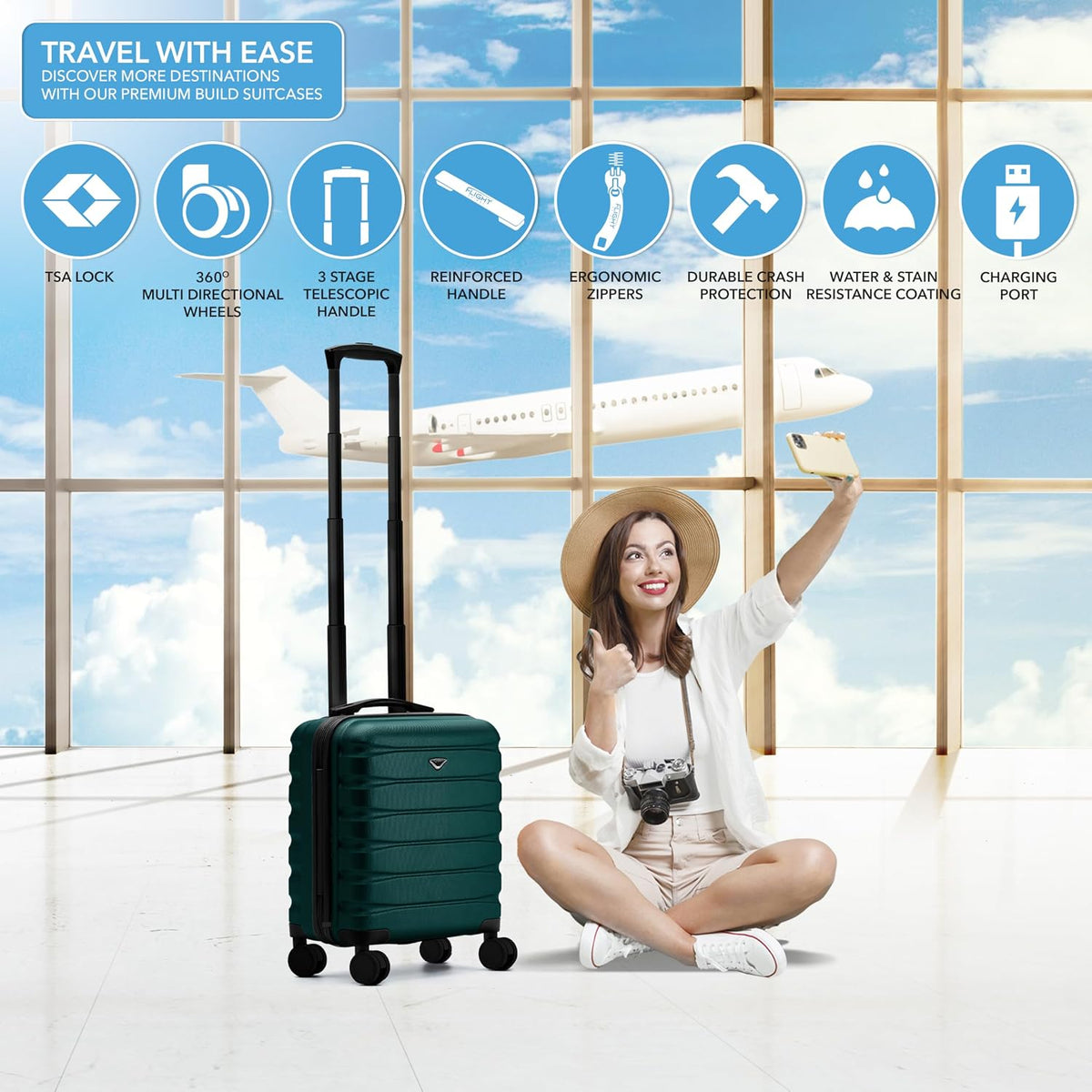 Carry On Suitcase 18x14x8" Hardside Built In TSA Lock & USB Port Lightweight Luggage Silent Double Spinner Wheels Maximum Underseat Carry-On Bag For American & United Approved Airlines