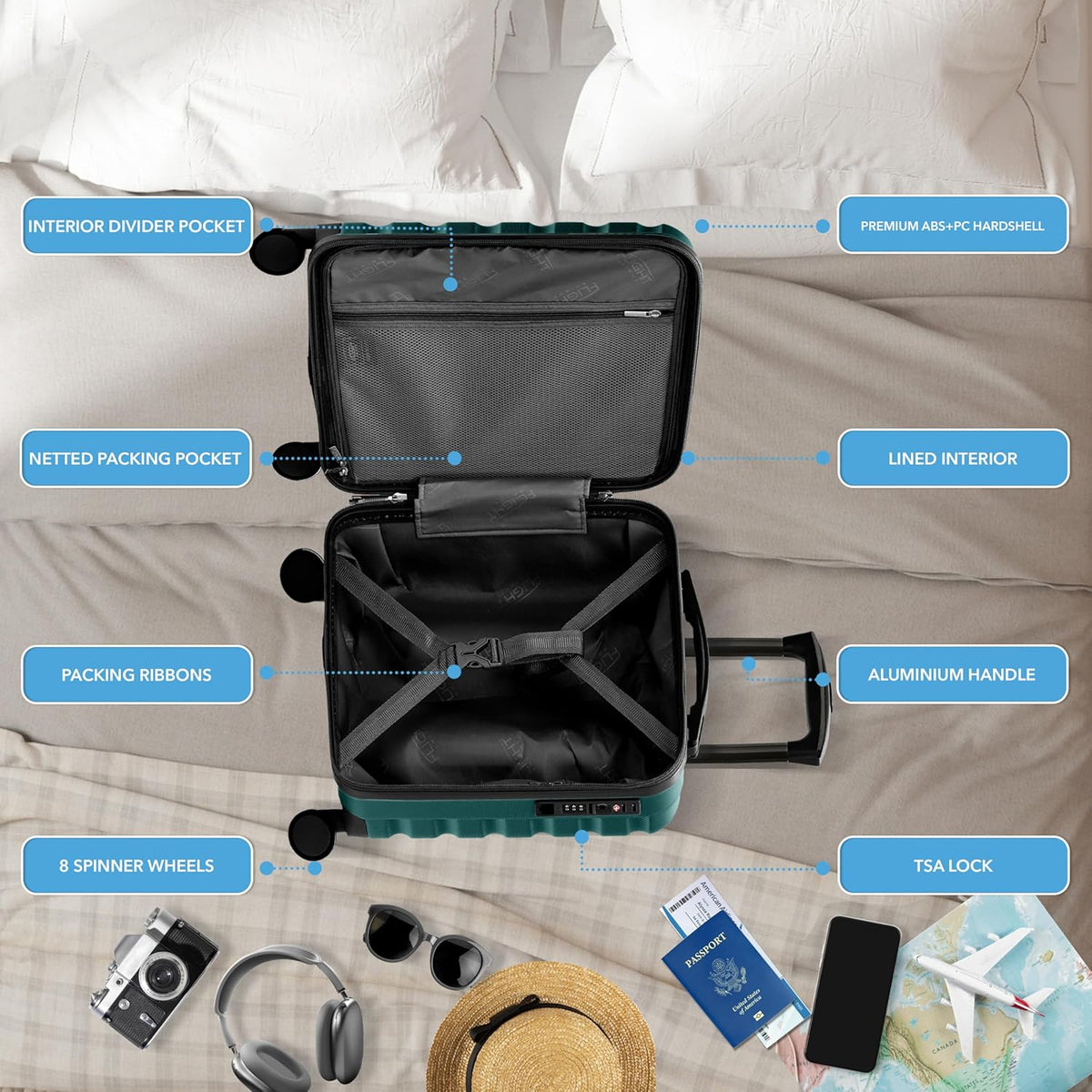 Carry On Suitcase 18x14x8" Hardside Built In TSA Lock & USB Port Lightweight Luggage Silent Double Spinner Wheels Maximum Underseat Carry-On Bag For American & United Approved Airlines