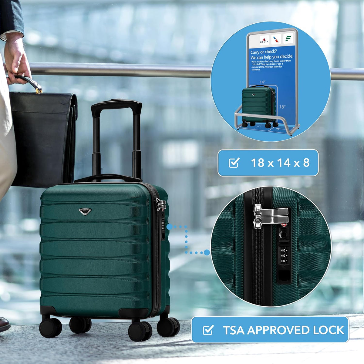 Carry On Suitcase 18x14x8" Hardside Built In TSA Lock & USB Port Lightweight Luggage Silent Double Spinner Wheels Maximum Underseat Carry-On Bag For American & United Approved Airlines
