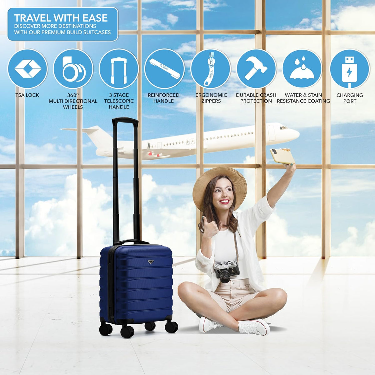 Carry On Suitcase 18x14x8" Hardside Built In TSA Lock & USB Port Lightweight Luggage Silent Double Spinner Wheels Maximum Underseat Carry-On Bag For American & United Approved Airlines