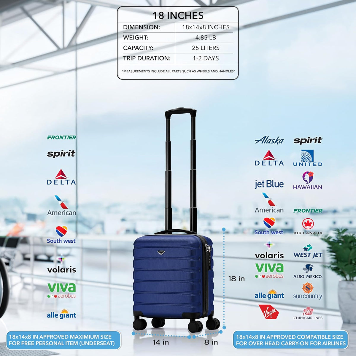 Carry On Suitcase 18x14x8" Hardside Built In TSA Lock & USB Port Lightweight Luggage Silent Double Spinner Wheels Maximum Underseat Carry-On Bag For American & United Approved Airlines