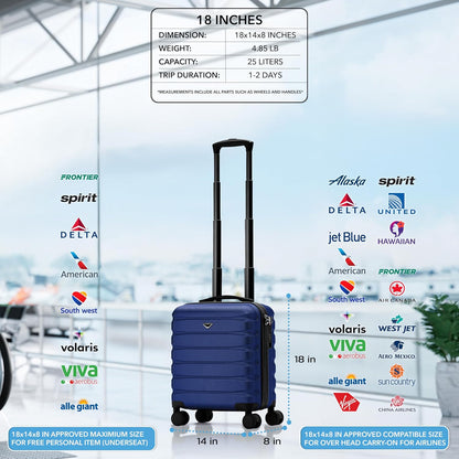Carry On Suitcase 18x14x8" Hardside Built In TSA Lock & USB Port Lightweight Luggage Silent Double Spinner Wheels Maximum Underseat Carry-On Bag For American & United Approved Airlines