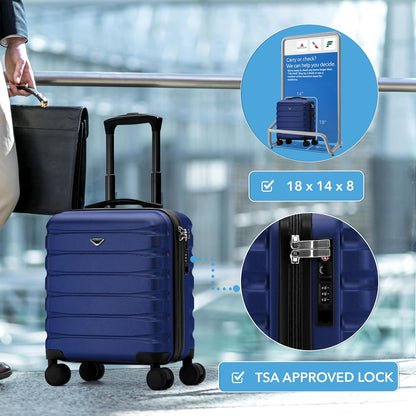 Carry On Suitcase 18x14x8" Hardside Built In TSA Lock & USB Port Lightweight Luggage Silent Double Spinner Wheels Maximum Underseat Carry-On Bag For American & United Approved Airlines