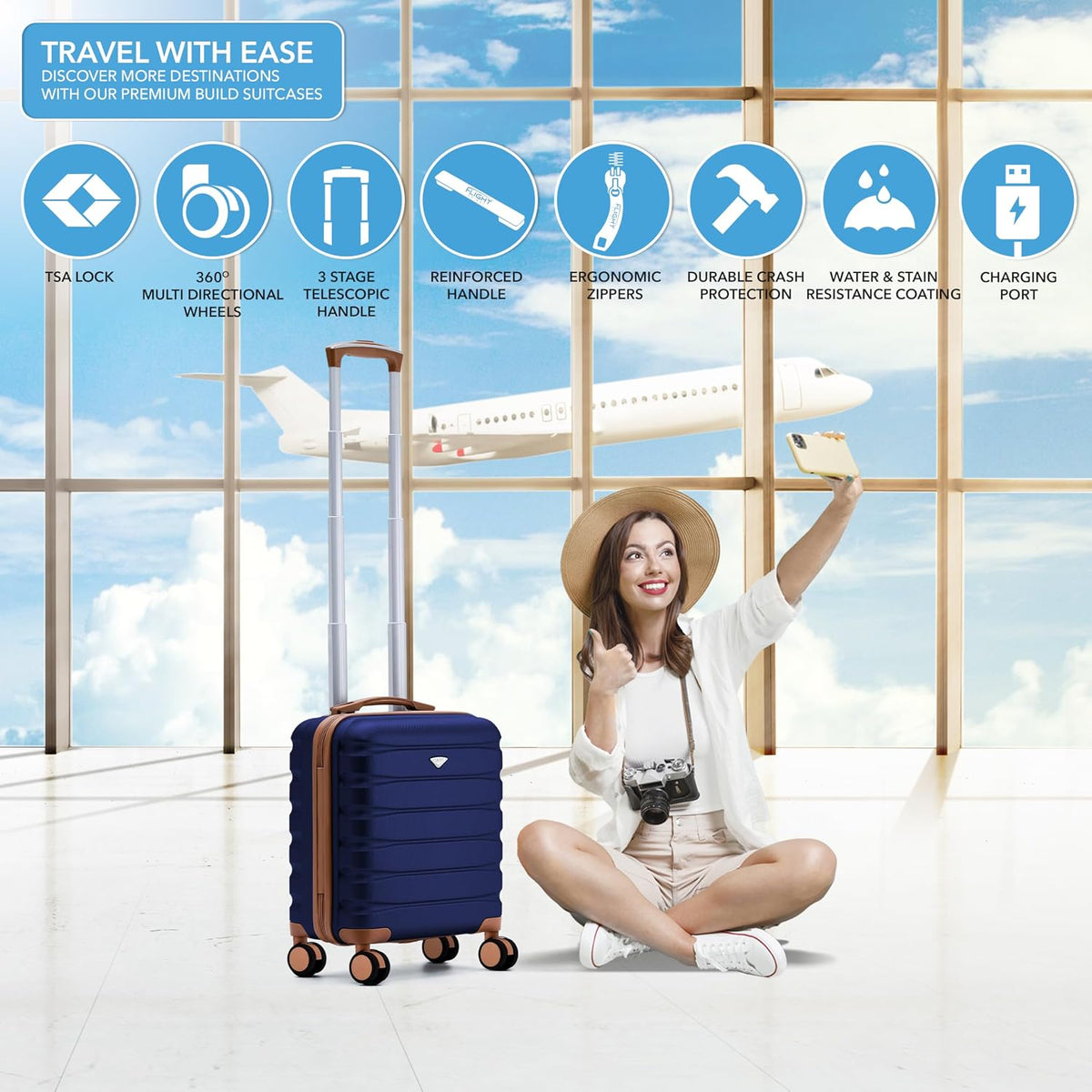 Carry On Suitcase 18x14x8" Hardside Built In TSA Lock & USB Port Lightweight Luggage Silent Double Spinner Wheels Maximum Underseat Carry-On Bag For American & United Approved Airlines