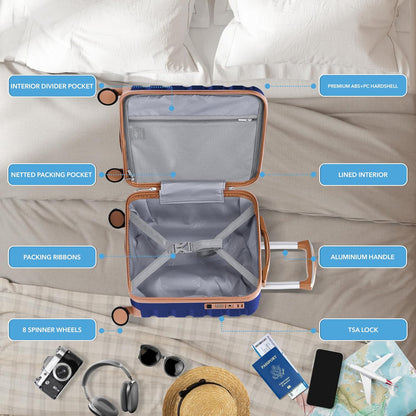 Carry On Suitcase 18x14x8" Hardside Built In TSA Lock & USB Port Lightweight Luggage Silent Double Spinner Wheels Maximum Underseat Carry-On Bag For American & United Approved Airlines