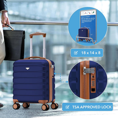 Carry On Suitcase 18x14x8" Hardside Built In TSA Lock & USB Port Lightweight Luggage Silent Double Spinner Wheels Maximum Underseat Carry-On Bag For American & United Approved Airlines
