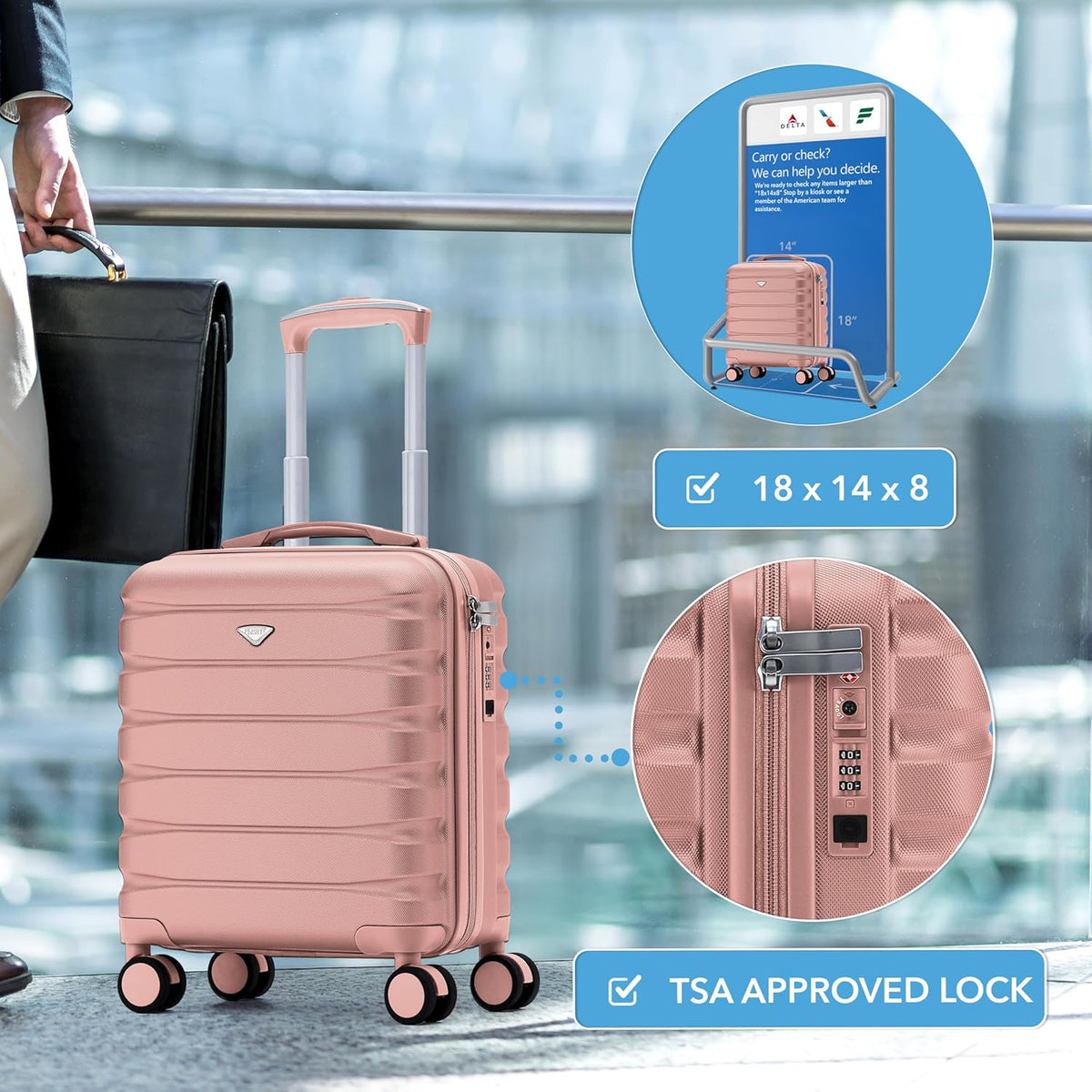 Carry On Suitcase 18x14x8" Hardside Built In TSA Lock & USB Port Lightweight Luggage Silent Double Spinner Wheels Maximum Underseat Carry-On Bag For American & United Approved Airlines