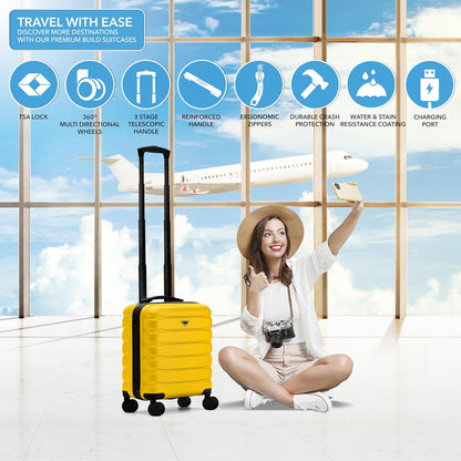 Carry On Suitcase 18x14x8" Hardside Built In TSA Lock & USB Port Lightweight Luggage Silent Double Spinner Wheels Maximum Underseat Carry-On Bag For American & United Approved Airlines
