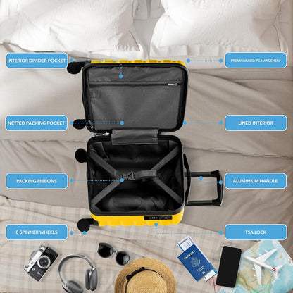 Carry On Suitcase 18x14x8" Hardside Built In TSA Lock & USB Port Lightweight Luggage Silent Double Spinner Wheels Maximum Underseat Carry-On Bag For American & United Approved Airlines