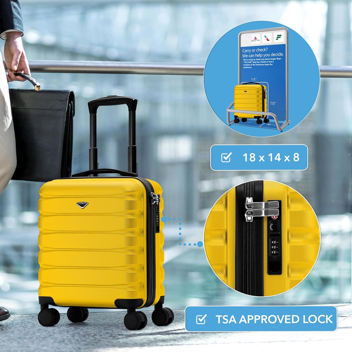 Carry On Suitcase 18x14x8" Hardside Built In TSA Lock & USB Port Lightweight Luggage Silent Double Spinner Wheels Maximum Underseat Carry-On Bag For American & United Approved Airlines
