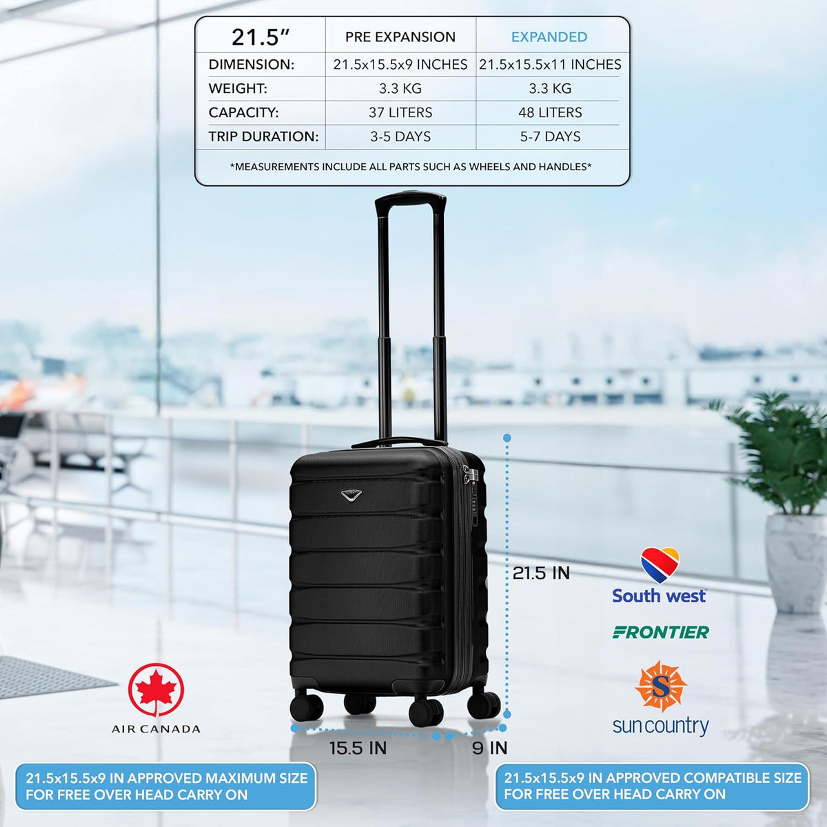Carry On Suitcase 18x14x8" Hardside Built In TSA Lock & USB Port Lightweight Luggage Silent Double Spinner Wheels Maximum Underseat Carry-On Bag For American & United Approved Airlines