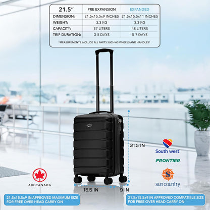 Carry On Suitcase 18x14x8" Hardside Built In TSA Lock & USB Port Lightweight Luggage Silent Double Spinner Wheels Maximum Underseat Carry-On Bag For American & United Approved Airlines