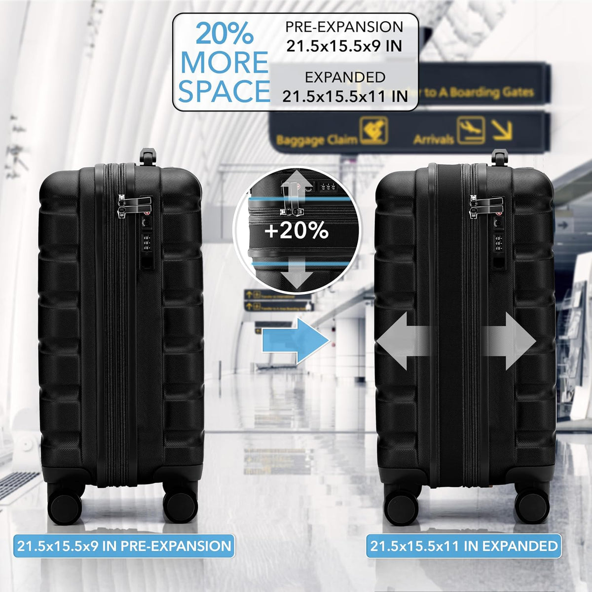 Carry On Suitcase 18x14x8" Hardside Built In TSA Lock & USB Port Lightweight Luggage Silent Double Spinner Wheels Maximum Underseat Carry-On Bag For American & United Approved Airlines