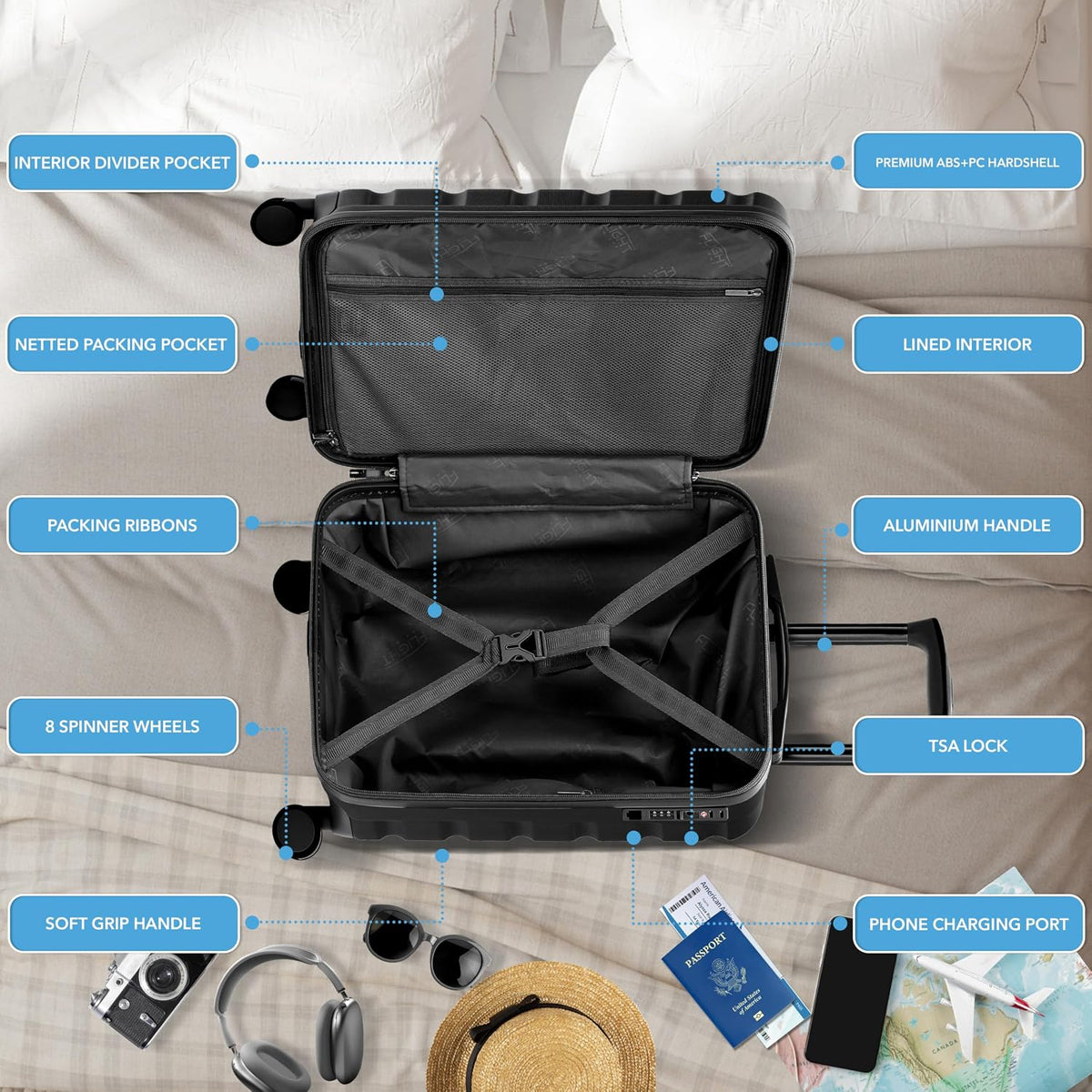 Carry On Suitcase 18x14x8" Hardside Built In TSA Lock & USB Port Lightweight Luggage Silent Double Spinner Wheels Maximum Underseat Carry-On Bag For American & United Approved Airlines