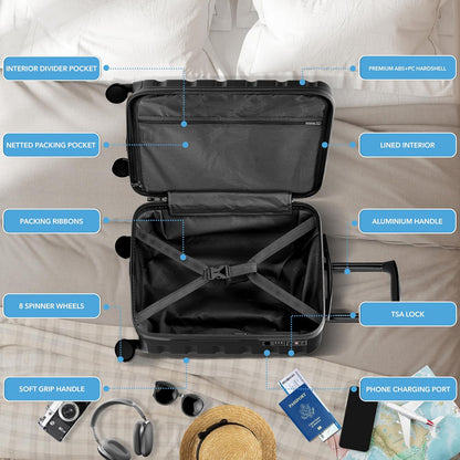 Carry On Suitcase 18x14x8" Hardside Built In TSA Lock & USB Port Lightweight Luggage Silent Double Spinner Wheels Maximum Underseat Carry-On Bag For American & United Approved Airlines