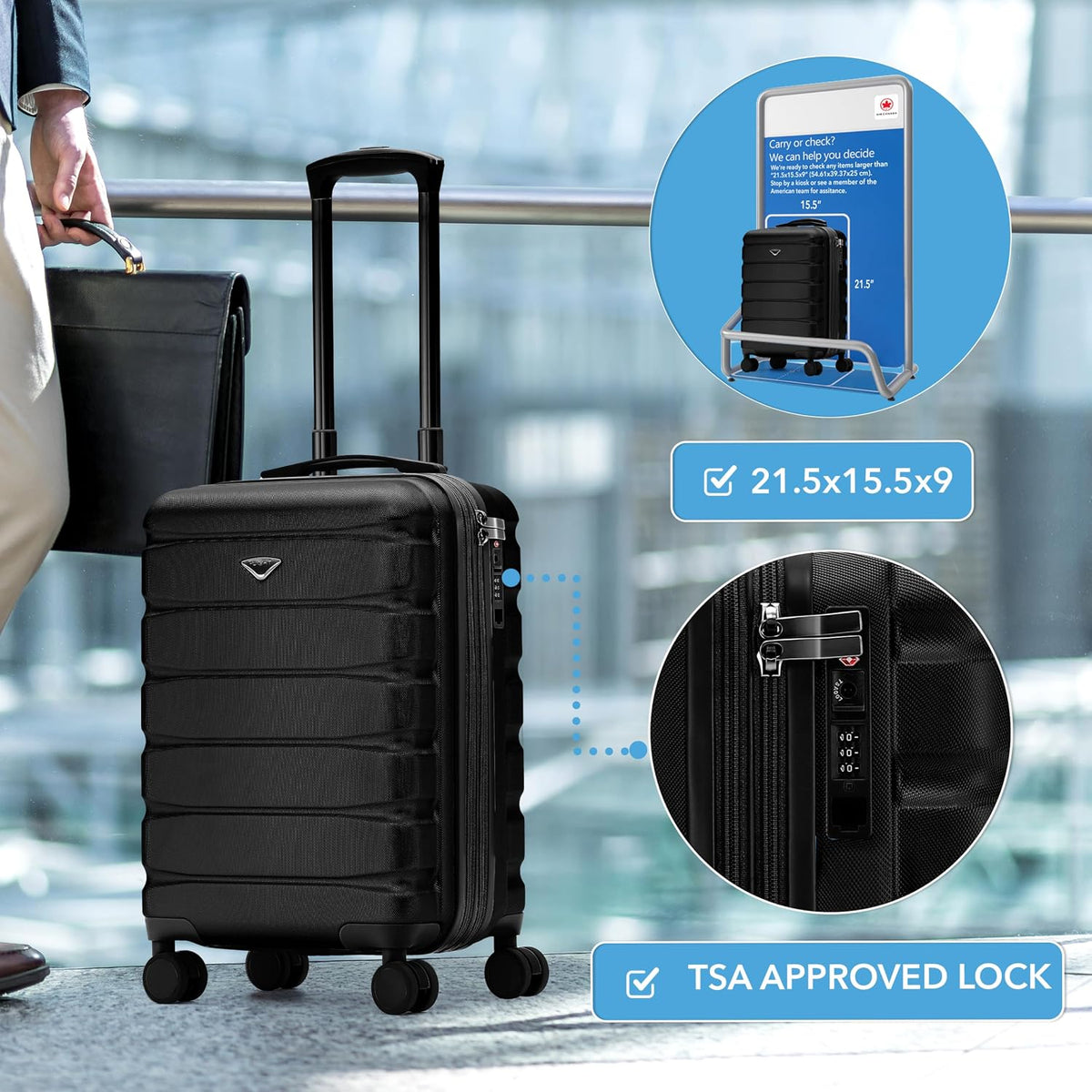 Carry On Suitcase 18x14x8" Hardside Built In TSA Lock & USB Port Lightweight Luggage Silent Double Spinner Wheels Maximum Underseat Carry-On Bag For American & United Approved Airlines