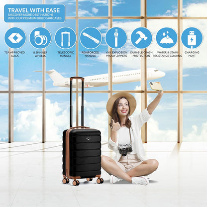 Carry On Suitcase 18x14x8" Hardside Built In TSA Lock & USB Port Lightweight Luggage Silent Double Spinner Wheels Maximum Underseat Carry-On Bag For American & United Approved Airlines