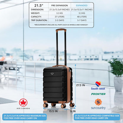 Carry On Suitcase 18x14x8" Hardside Built In TSA Lock & USB Port Lightweight Luggage Silent Double Spinner Wheels Maximum Underseat Carry-On Bag For American & United Approved Airlines