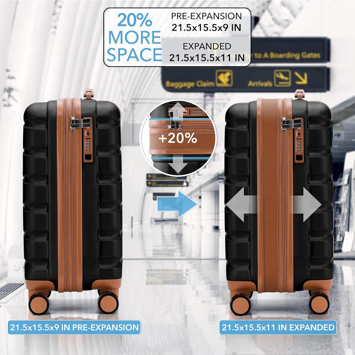 Carry On Suitcase 18x14x8" Hardside Built In TSA Lock & USB Port Lightweight Luggage Silent Double Spinner Wheels Maximum Underseat Carry-On Bag For American & United Approved Airlines