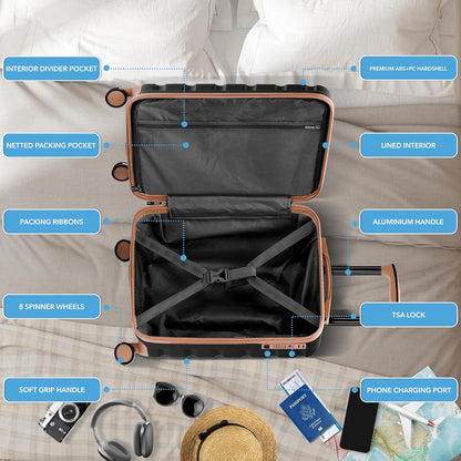 Carry On Suitcase 18x14x8" Hardside Built In TSA Lock & USB Port Lightweight Luggage Silent Double Spinner Wheels Maximum Underseat Carry-On Bag For American & United Approved Airlines