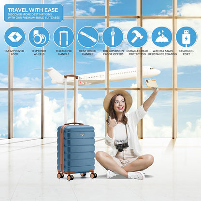Carry On Suitcase 18x14x8" Hardside Built In TSA Lock & USB Port Lightweight Luggage Silent Double Spinner Wheels Maximum Underseat Carry-On Bag For American & United Approved Airlines