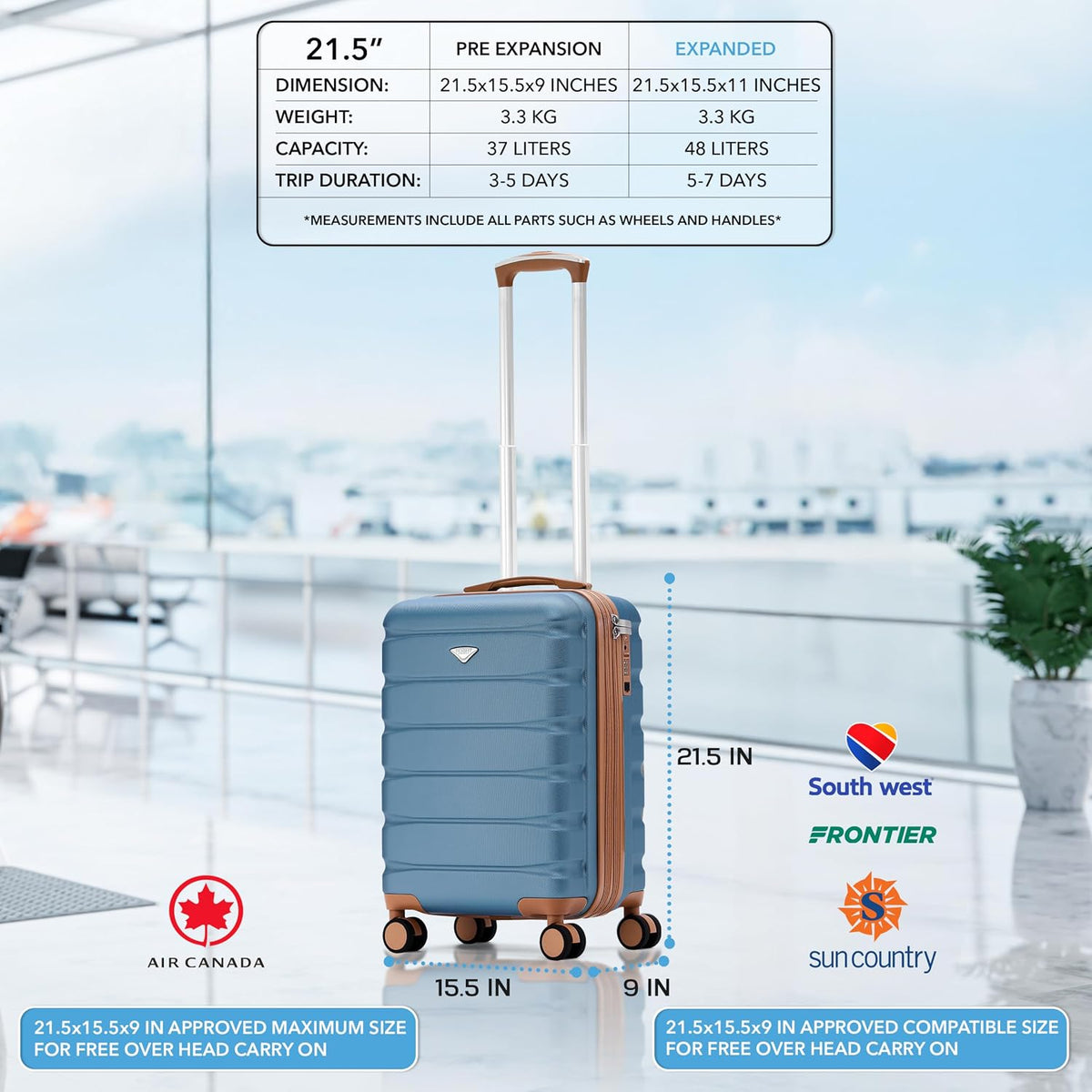 Carry On Suitcase 18x14x8" Hardside Built In TSA Lock & USB Port Lightweight Luggage Silent Double Spinner Wheels Maximum Underseat Carry-On Bag For American & United Approved Airlines