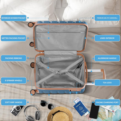 Carry On Suitcase 18x14x8" Hardside Built In TSA Lock & USB Port Lightweight Luggage Silent Double Spinner Wheels Maximum Underseat Carry-On Bag For American & United Approved Airlines