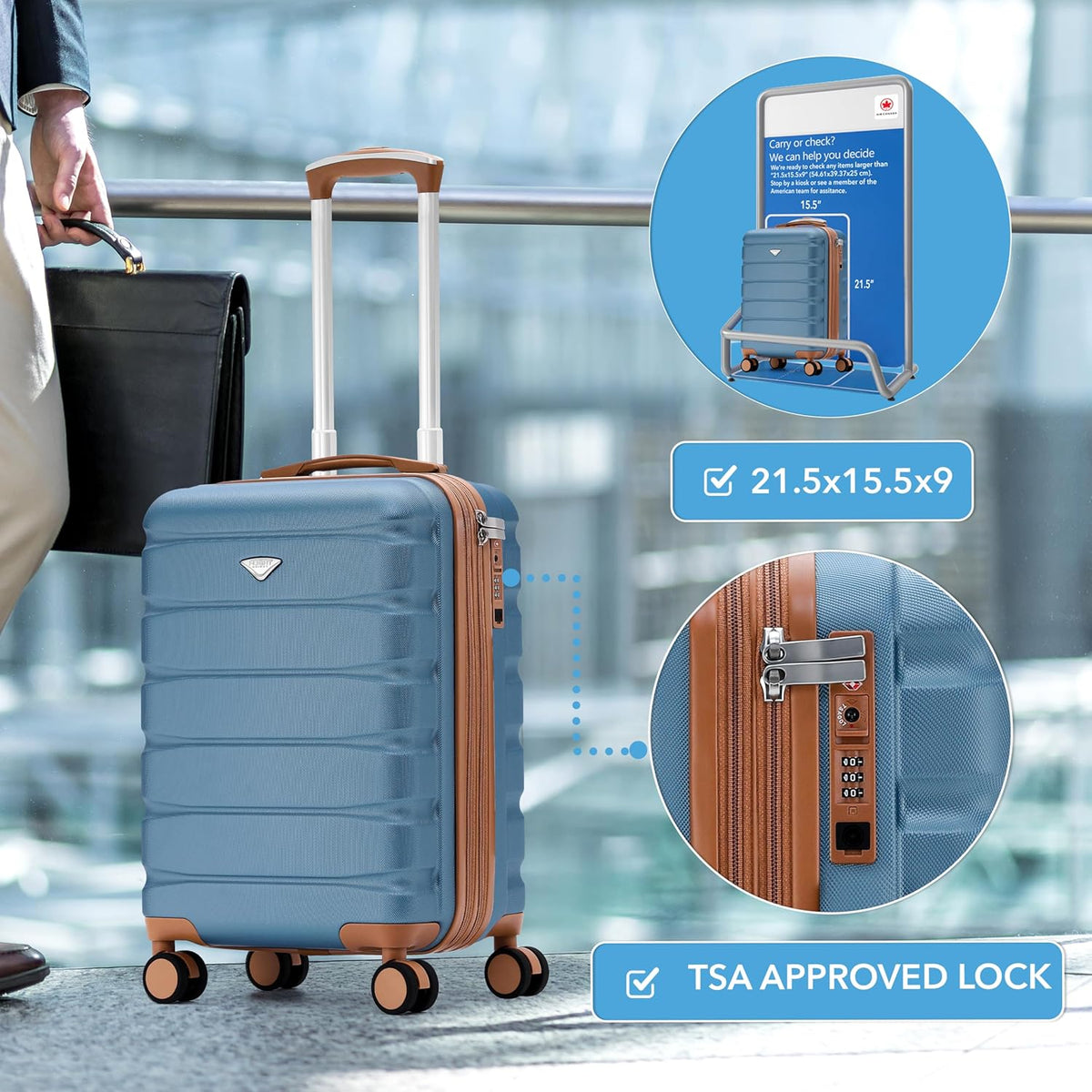 Carry On Suitcase 18x14x8" Hardside Built In TSA Lock & USB Port Lightweight Luggage Silent Double Spinner Wheels Maximum Underseat Carry-On Bag For American & United Approved Airlines