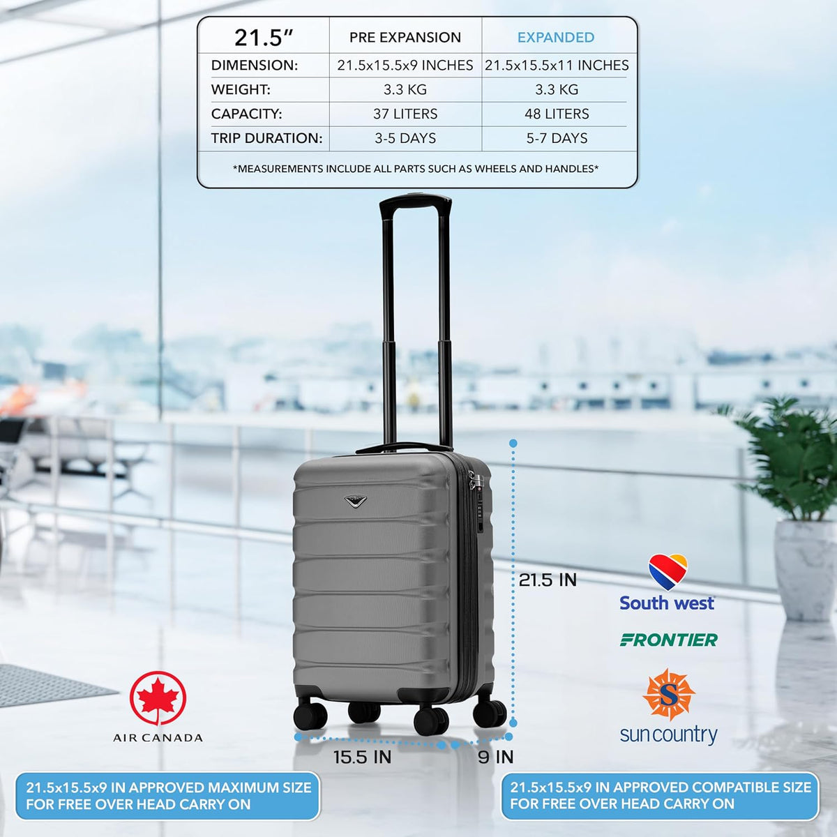 Carry On Suitcase 18x14x8" Hardside Built In TSA Lock & USB Port Lightweight Luggage Silent Double Spinner Wheels Maximum Underseat Carry-On Bag For American & United Approved Airlines