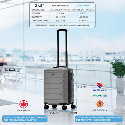 Carry On Suitcase 18x14x8" Hardside Built In TSA Lock & USB Port Lightweight Luggage Silent Double Spinner Wheels Maximum Underseat Carry-On Bag For American & United Approved Airlines