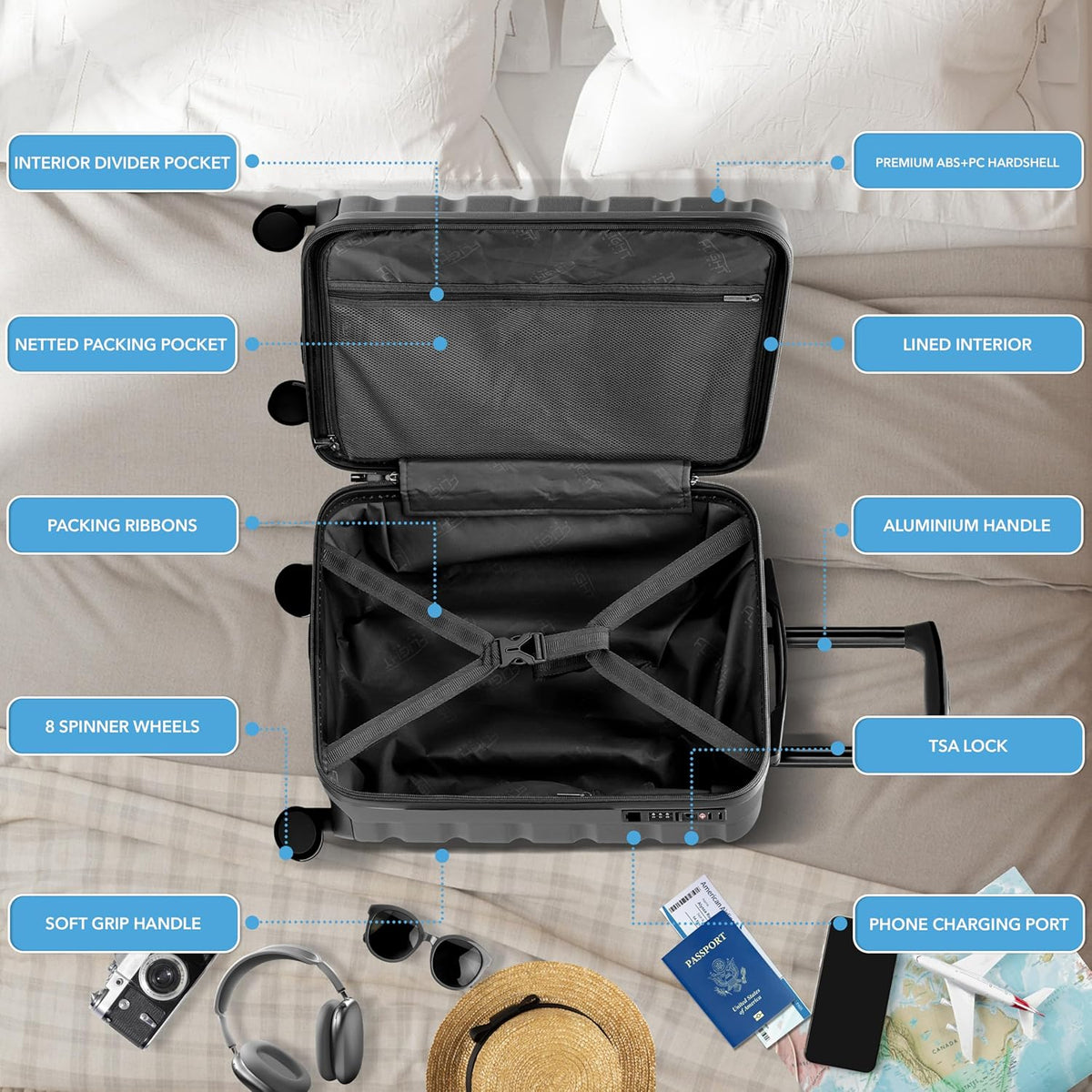 Carry On Suitcase 18x14x8" Hardside Built In TSA Lock & USB Port Lightweight Luggage Silent Double Spinner Wheels Maximum Underseat Carry-On Bag For American & United Approved Airlines