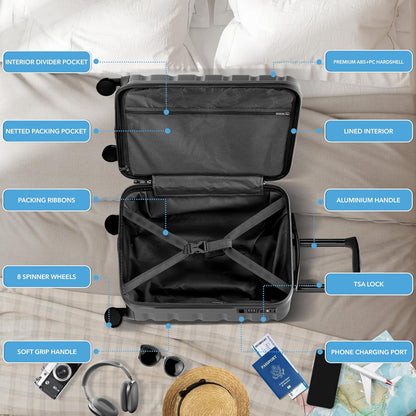 Carry On Suitcase 18x14x8" Hardside Built In TSA Lock & USB Port Lightweight Luggage Silent Double Spinner Wheels Maximum Underseat Carry-On Bag For American & United Approved Airlines