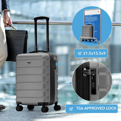 Carry On Suitcase 18x14x8" Hardside Built In TSA Lock & USB Port Lightweight Luggage Silent Double Spinner Wheels Maximum Underseat Carry-On Bag For American & United Approved Airlines
