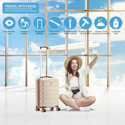 Carry On Suitcase 18x14x8" Hardside Built In TSA Lock & USB Port Lightweight Luggage Silent Double Spinner Wheels Maximum Underseat Carry-On Bag For American & United Approved Airlines