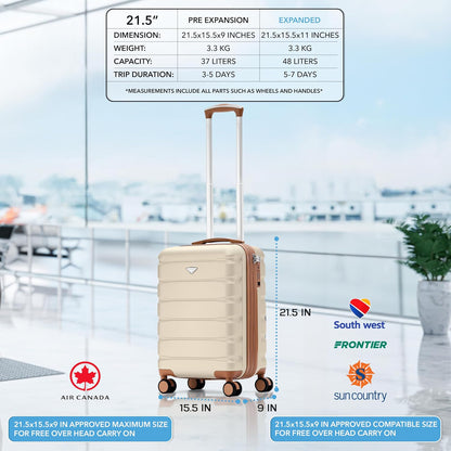 Carry On Suitcase 18x14x8" Hardside Built In TSA Lock & USB Port Lightweight Luggage Silent Double Spinner Wheels Maximum Underseat Carry-On Bag For American & United Approved Airlines