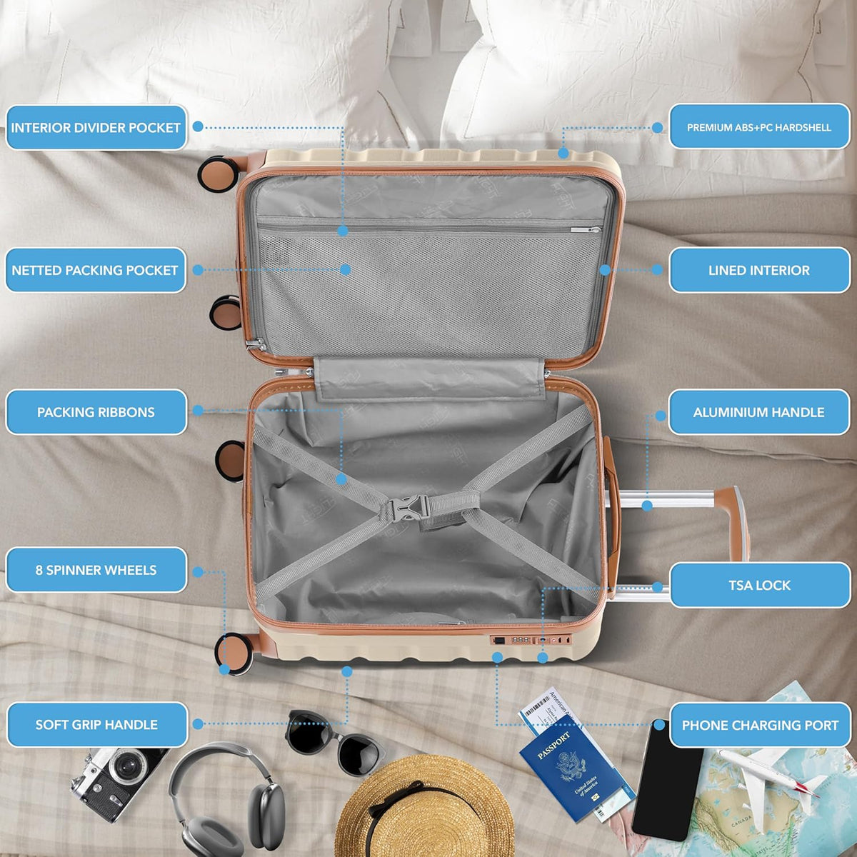Carry On Suitcase 18x14x8" Hardside Built In TSA Lock & USB Port Lightweight Luggage Silent Double Spinner Wheels Maximum Underseat Carry-On Bag For American & United Approved Airlines