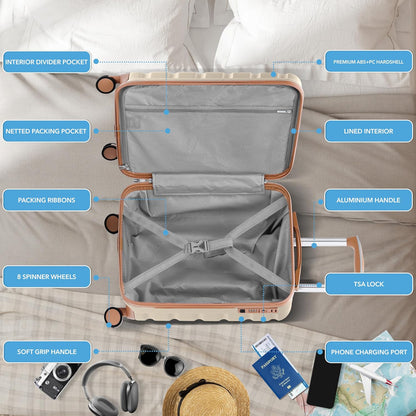 Carry On Suitcase 18x14x8" Hardside Built In TSA Lock & USB Port Lightweight Luggage Silent Double Spinner Wheels Maximum Underseat Carry-On Bag For American & United Approved Airlines