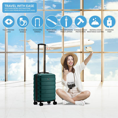 Carry On Suitcase 18x14x8" Hardside Built In TSA Lock & USB Port Lightweight Luggage Silent Double Spinner Wheels Maximum Underseat Carry-On Bag For American & United Approved Airlines