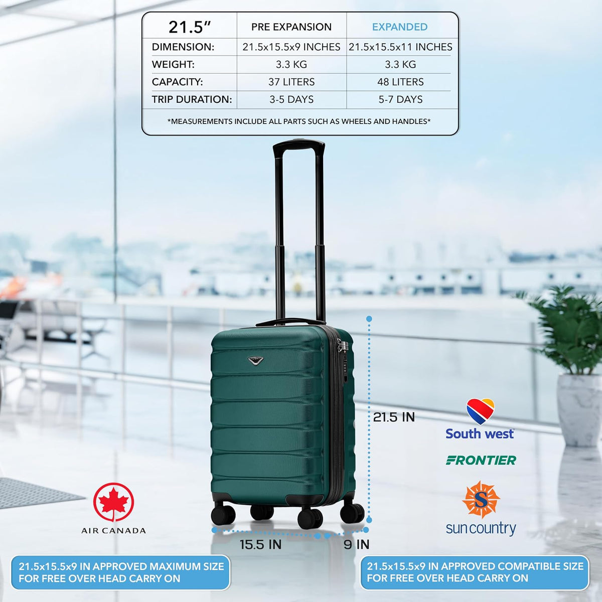 Carry On Suitcase 18x14x8" Hardside Built In TSA Lock & USB Port Lightweight Luggage Silent Double Spinner Wheels Maximum Underseat Carry-On Bag For American & United Approved Airlines