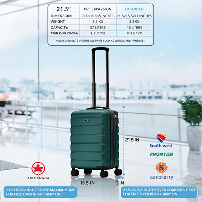 Carry On Suitcase 18x14x8" Hardside Built In TSA Lock & USB Port Lightweight Luggage Silent Double Spinner Wheels Maximum Underseat Carry-On Bag For American & United Approved Airlines